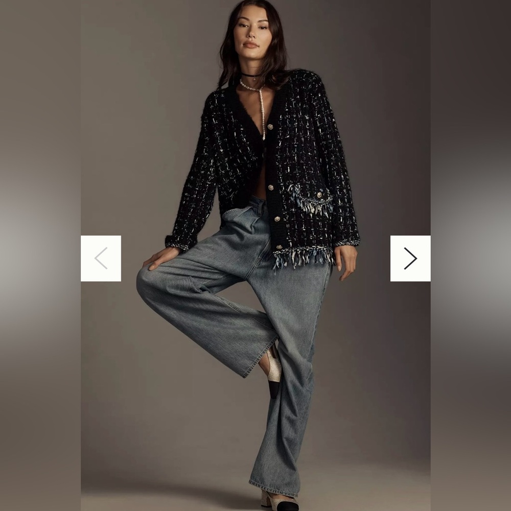 Anthropologie Black Tweed Fringe Cardigan